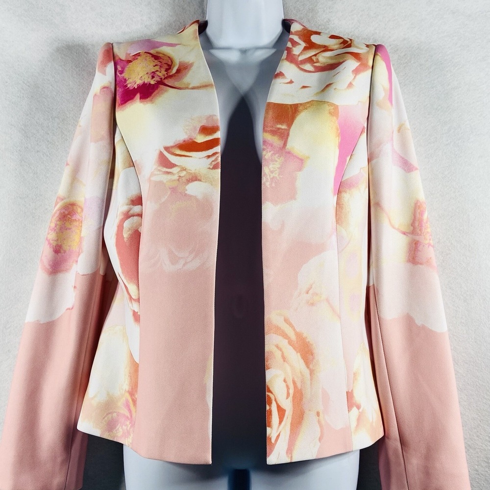 Tahari Asl Jacket Womens 8 Pink White Open Blazer Long Sleeves Floral Twill NWOT